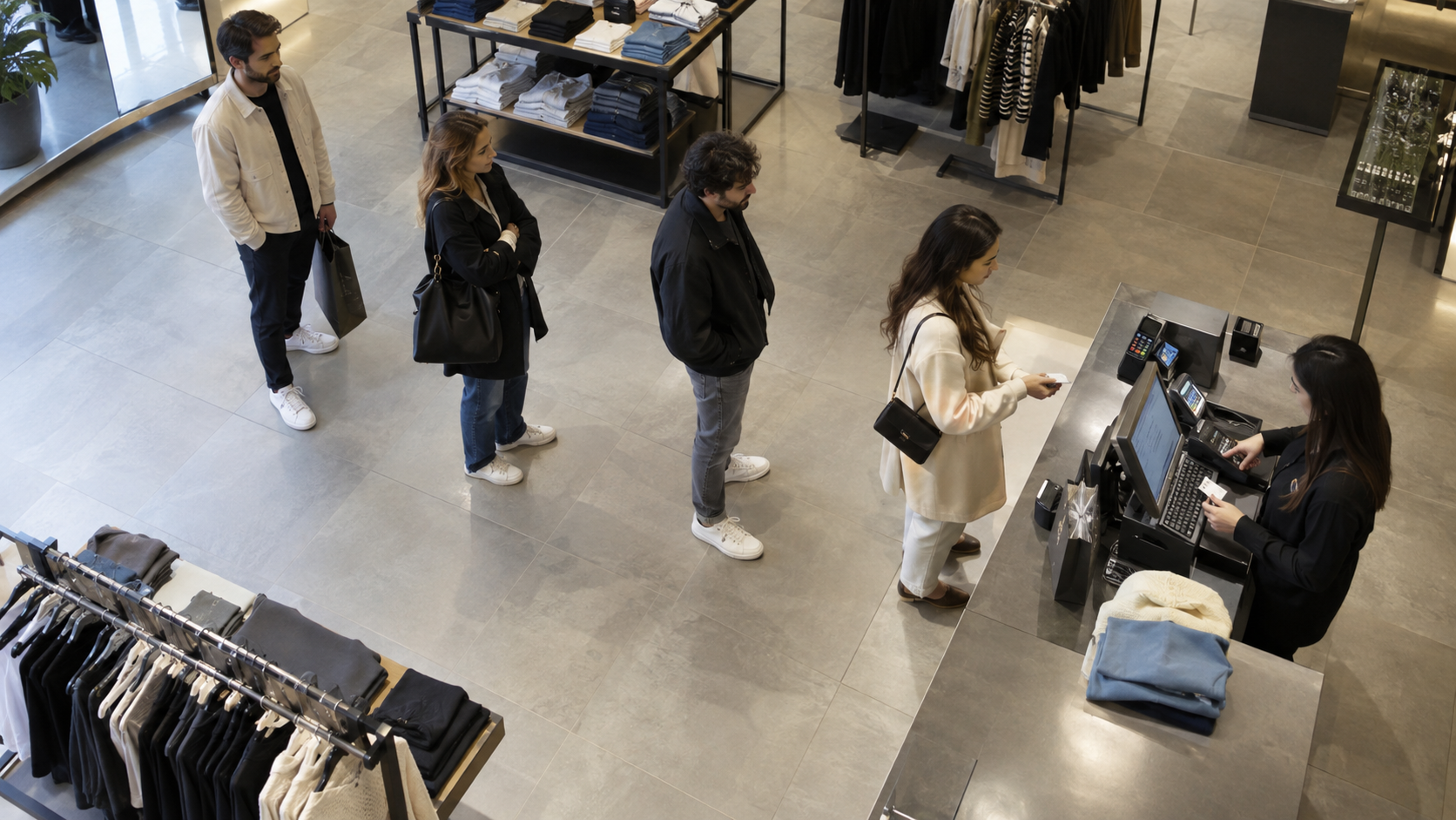 Clientes esperando en la caja de una tienda de moda